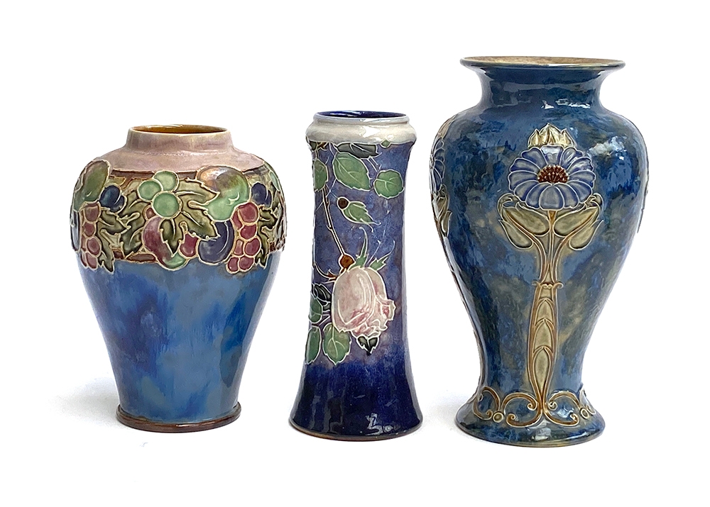 Three Royal Doulton stoneware tubelined vases, the smallest 21.5cmH stamped 8721X and incised CA,