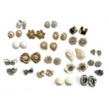 A quantity of mainly gold tone costume earrings, faux pearl etc