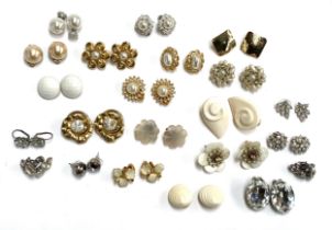A quantity of mainly gold tone costume earrings, faux pearl etc