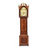 A George III mahogany long cased clock with swan neck pediment and three balled finials, over a