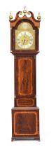A George III mahogany long cased clock with swan neck pediment and three balled finials, over a