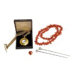 A Jean Pierre gilt metal masonic incabloc half hunter fob watch and chain, boxed; together with a