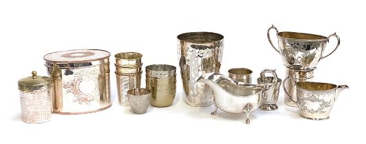 A mixed lot of good plated wares to include Sheffield plate tea caddy, beaten cocktail set,