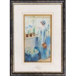 A. E Lile, early 20th century watercolour of a lady with a jug and flowers, signed and dated 1917,