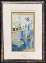 A. E Lile, early 20th century watercolour of a lady with a jug and flowers, signed and dated 1917,