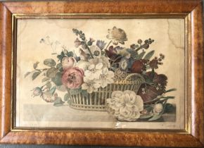 Augustin Legrand after Jean Louis Prevost, hand coloured engraving of a flower basket, in maple