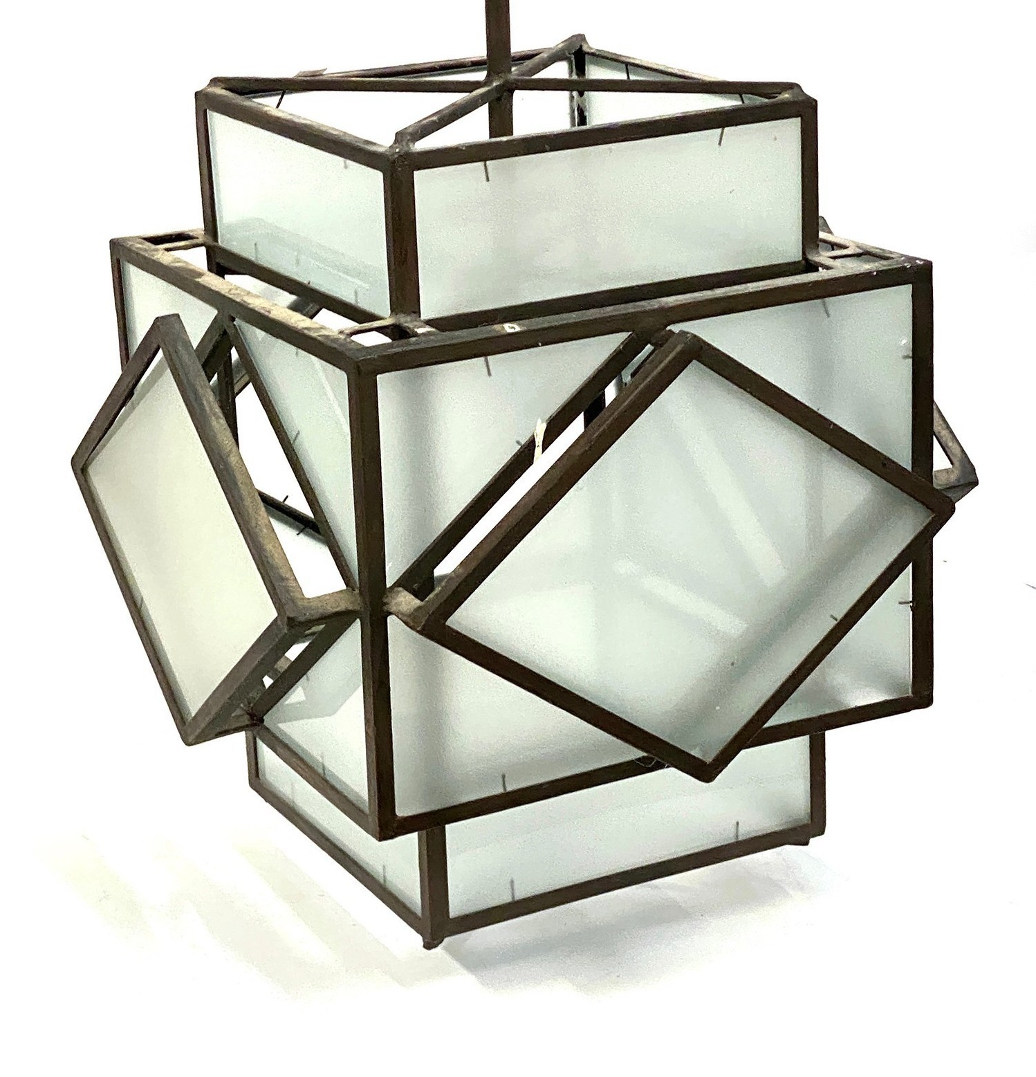 Interior design interest: a wrought metal and frosted glass Art Deco style geometric hanging lantern - Image 2 of 2