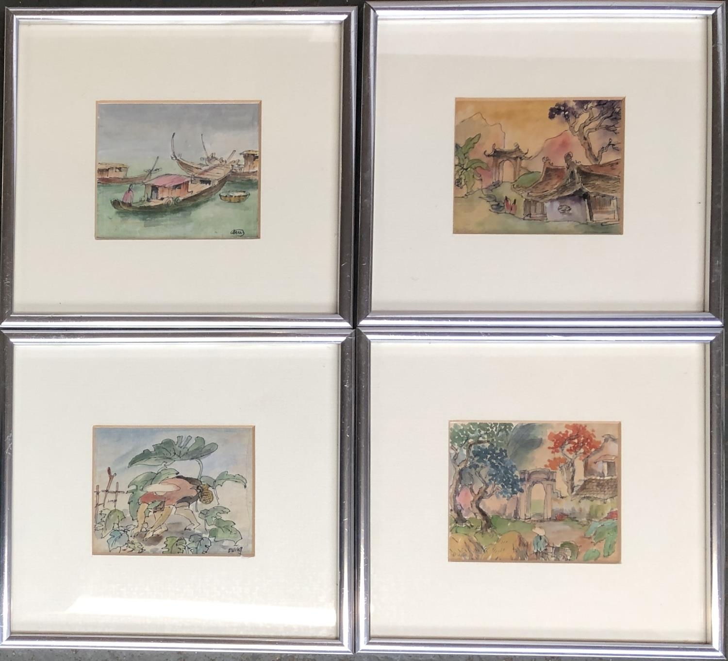 Four small Vietnamese watercolours to include gardening scene, riverboat etc, all indistinctly