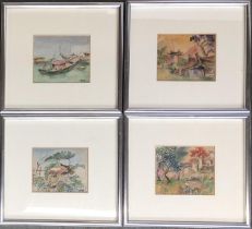 Four small Vietnamese watercolours to include gardening scene, riverboat etc, all indistinctly