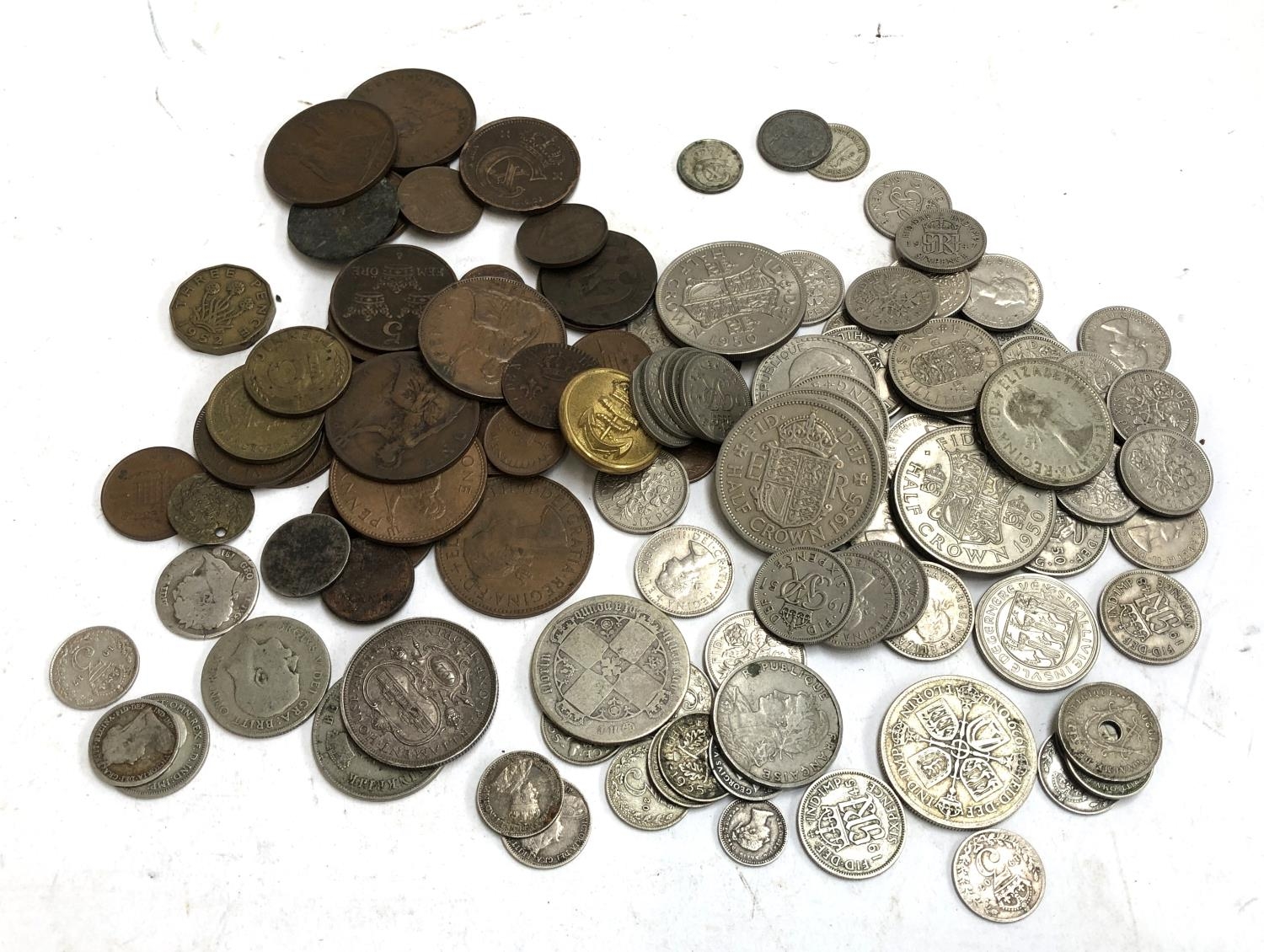 A quantity of mainly British coins to include pre 1947 silver, 1 1/2 pence 1843, Parliament House