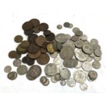 A quantity of mainly British coins to include pre 1947 silver, 1 1/2 pence 1843, Parliament House