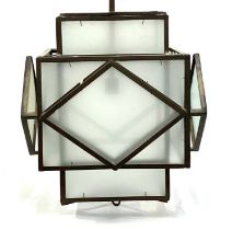 Interior design interest: a wrought metal and frosted glass Art Deco style geometric hanging lantern