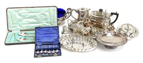 A mixed lot of silver plated wares to include Asprey's entree dish; several cased sets to include