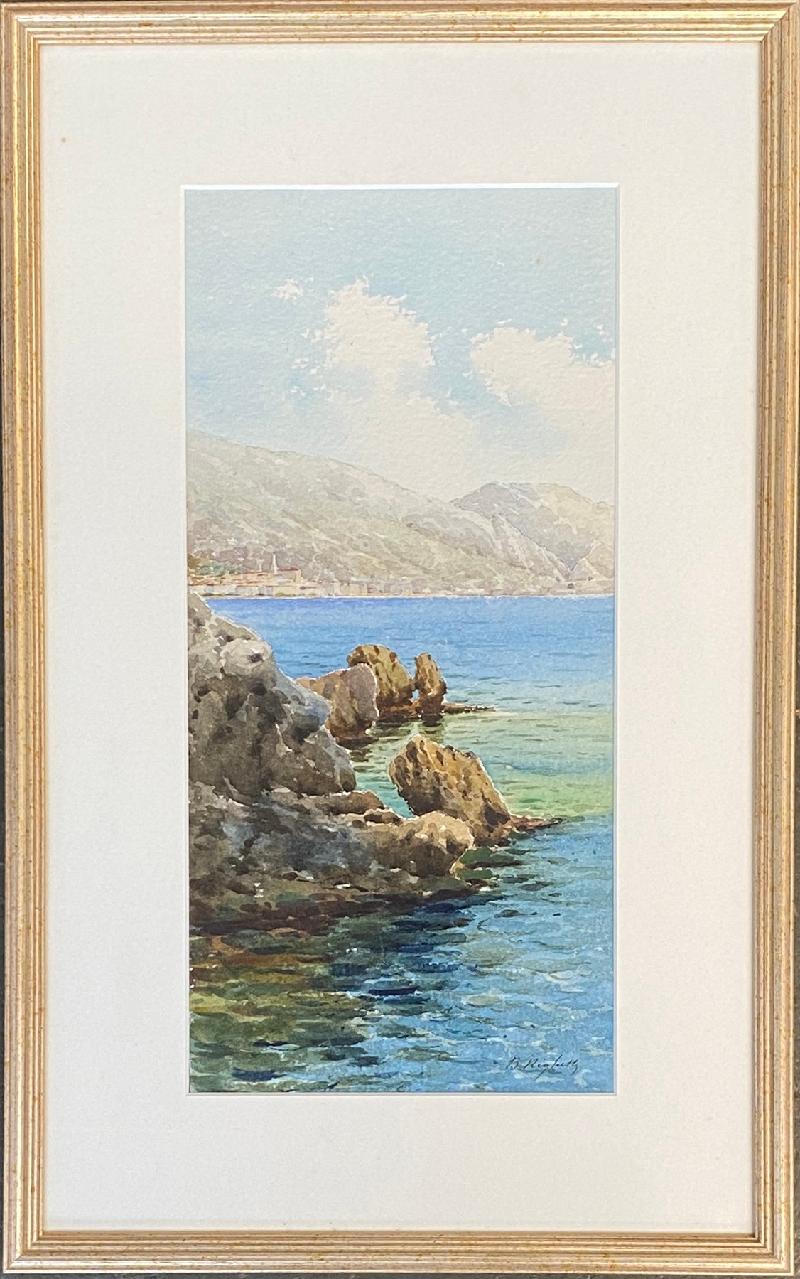Bernard Antoine Righetti (French, 1882-1965), coastal landscape, watercolour on paper, 35x17cm - Image 2 of 2
