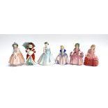 A group of six small Royal Doulton lady figurines: 'Lily', 'Miss Muffet', 'The Bridesmaid', 'Dinky