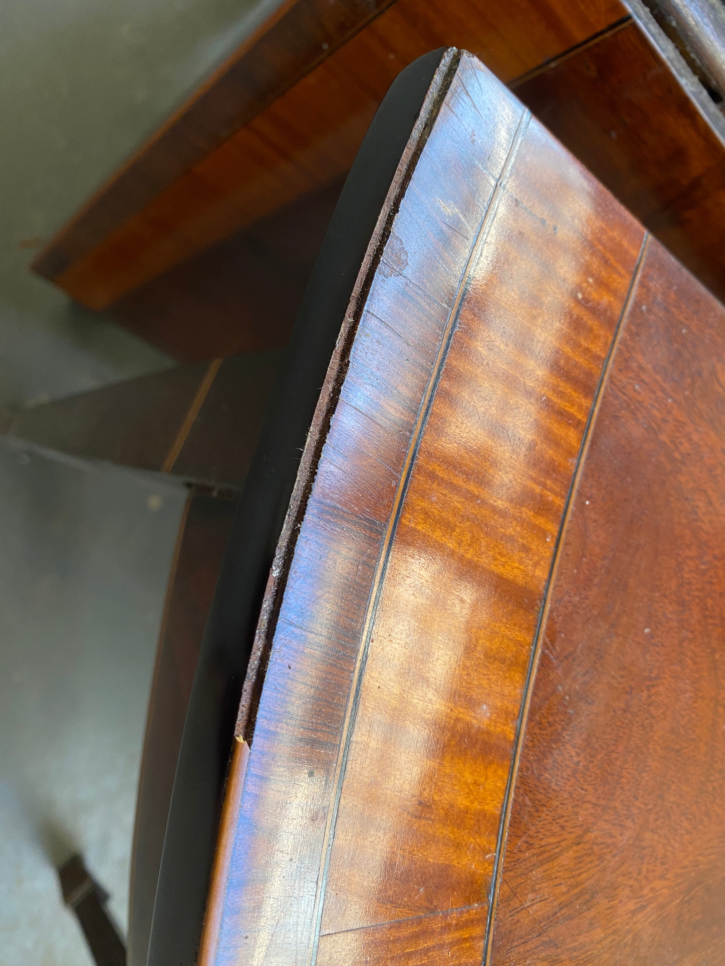 A George III mahogany and satinwood banded D end dining table, the central section with two drop - Image 5 of 6