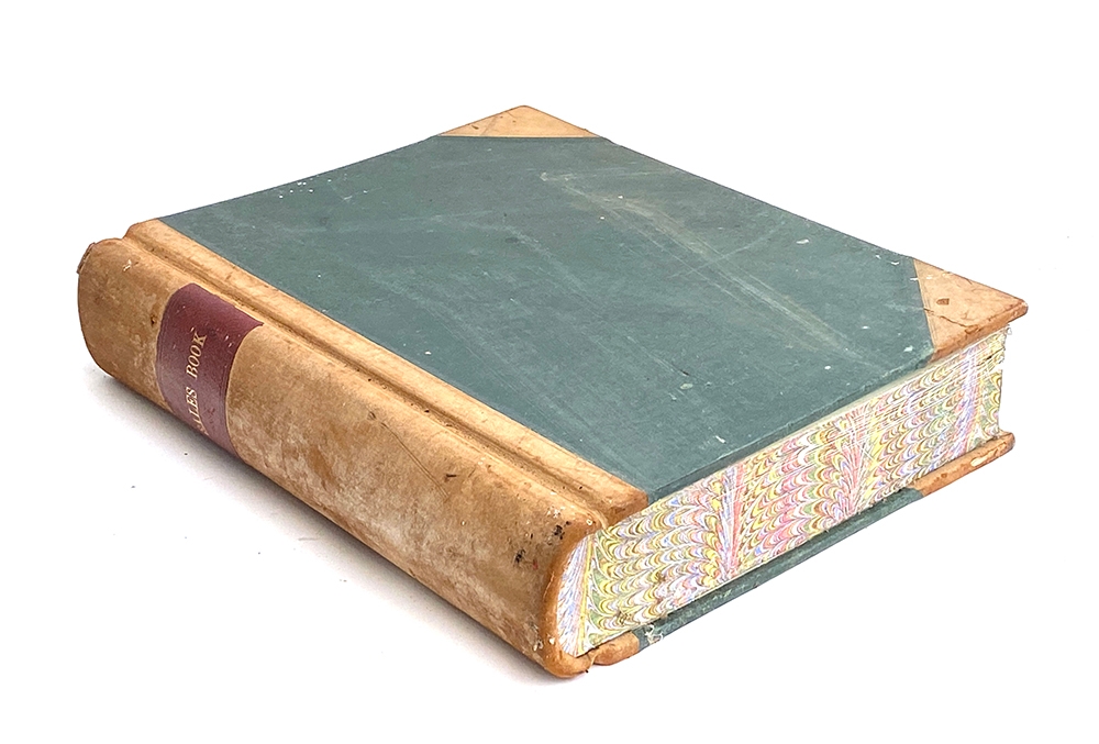 A very large three quarter leather sales ledger, unused, with marbled page edges, approx. 44x37cm