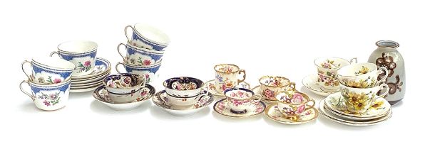 A quantity of teawares, a pair of hand painted cobalt blue teacups and saucers, to include Foley,