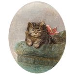 Horatio Henry Couldery (1832-1918), tabby kitten on a chair, oil on board, signed with monogram