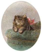 Horatio Henry Couldery (1832-1918), tabby kitten on a chair, oil on board, signed with monogram