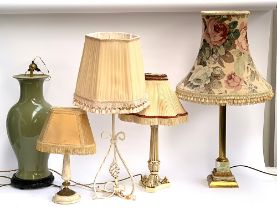 Five table lamps to include a gilt metal and onyx column lamp on plinth base, height to top of