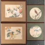Two pairs of Chinese gouache on silk depicting birds and flora, 22x30cm and 22x22cm