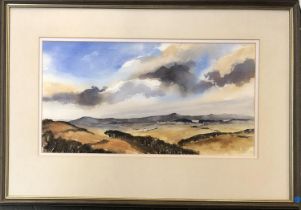 Karen Ible, watercolour of a rolling landscape, signed lower right, 23.5x45cm