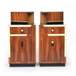 A pair of French Art Deco maccasar ebony square bedside cabinets, each with an offset box niche