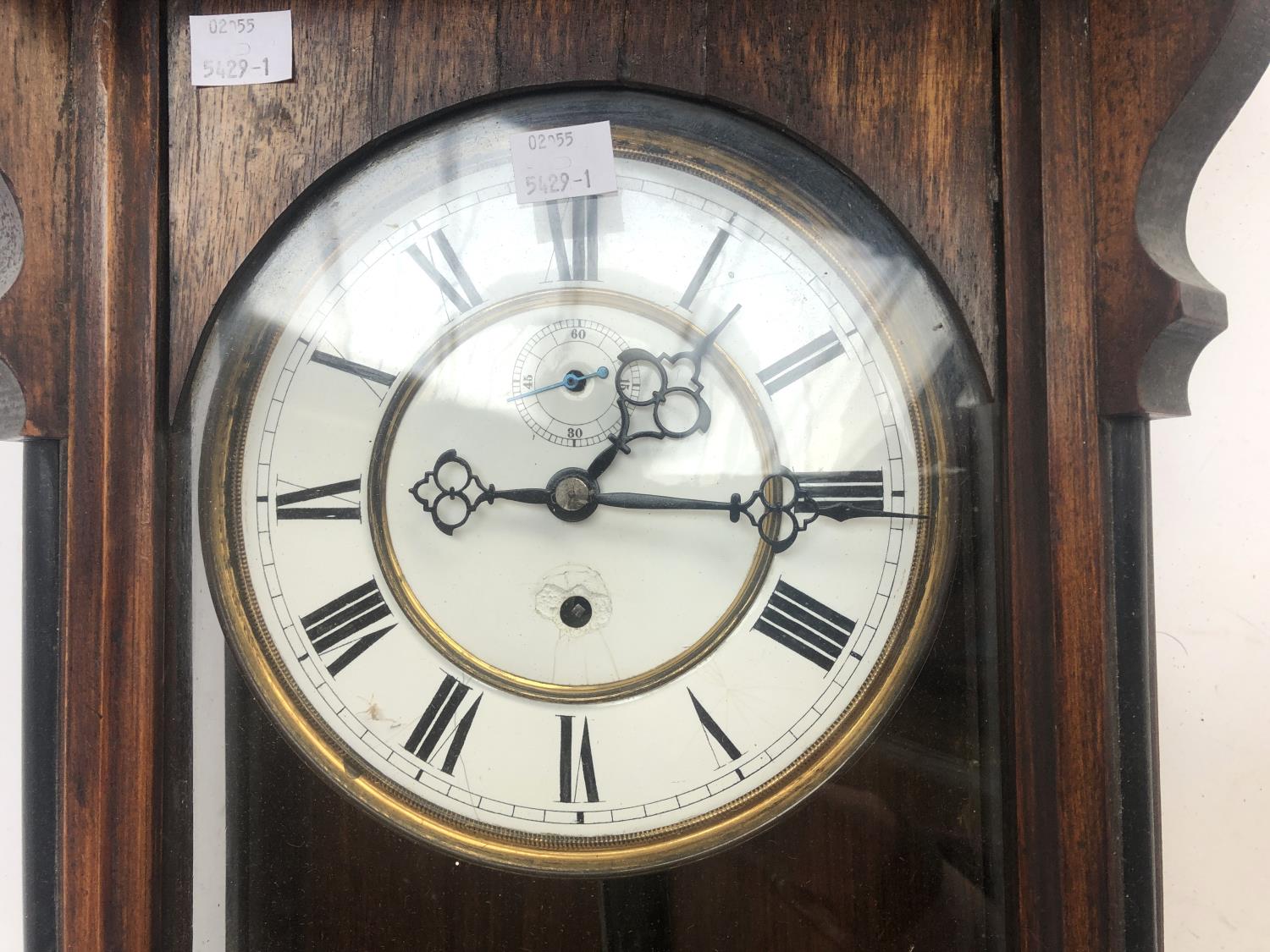 A 20th century mahogany cased wall clock, enamel dial with Roman numerals, 120cmL - Image 2 of 2