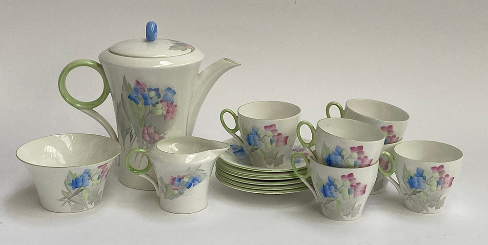 A Shelley Blue Phlox art deco part tea set, 15 pieces, comprising coffee pot, sugar bowl, milk