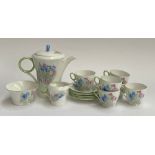 A Shelley Blue Phlox art deco part tea set, 15 pieces, comprising coffee pot, sugar bowl, milk