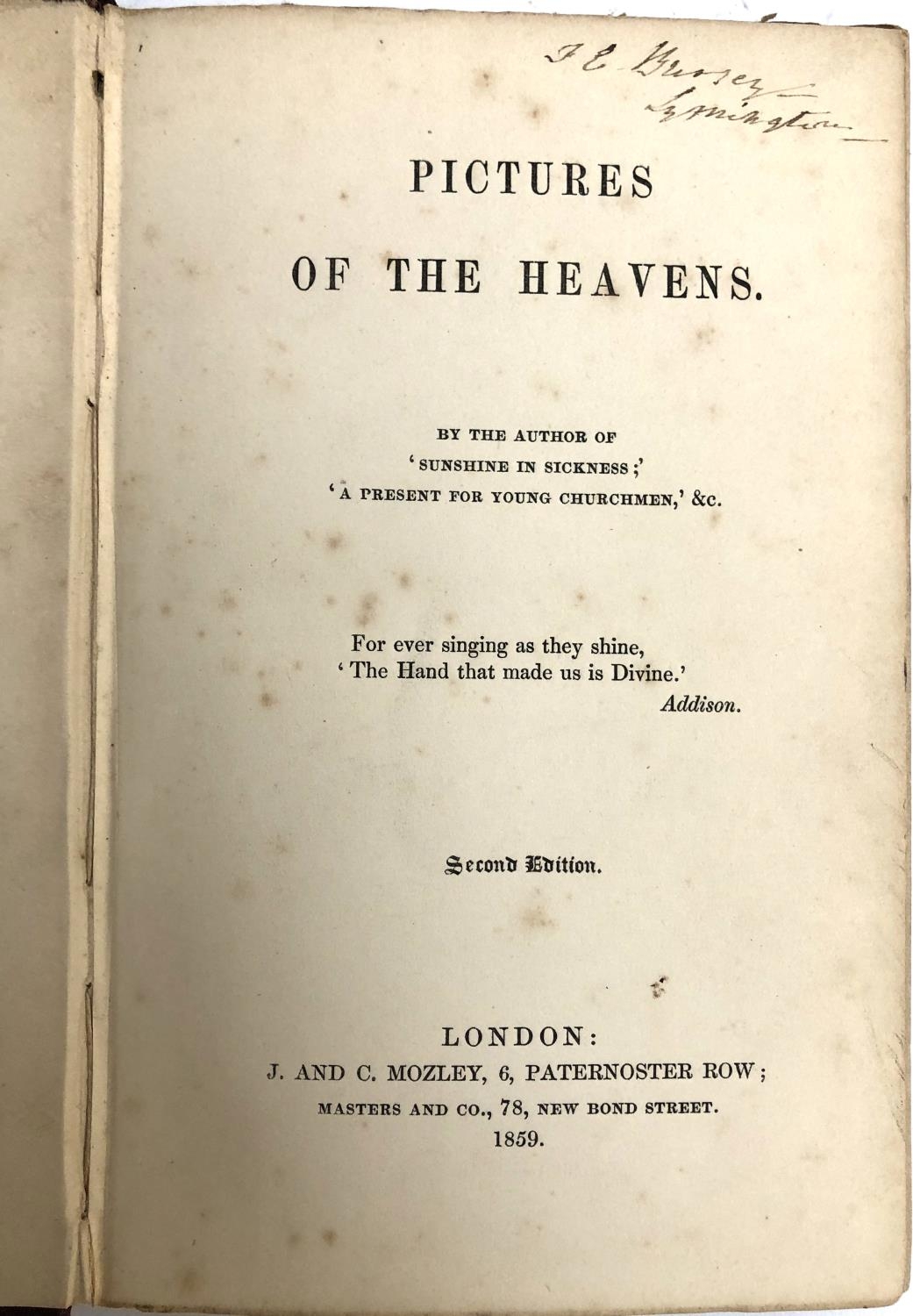 BOOK. Anon. 'Picture of the Heavens' (Victorian Astronomy), 2nd ed., Mozley, 1859. Small. Brown - Image 2 of 4