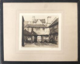 Early 20th century engraving of a courtyard, signed indistinctly lower right, 15.5x17.5cm