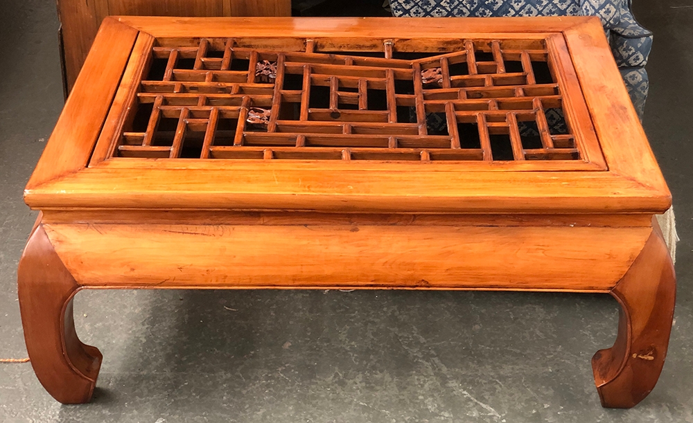 A Chinese hardwood coffee table, with drop-in lattice top, 111x83x46cmH PLEASE NOTE THAT FOR THIS