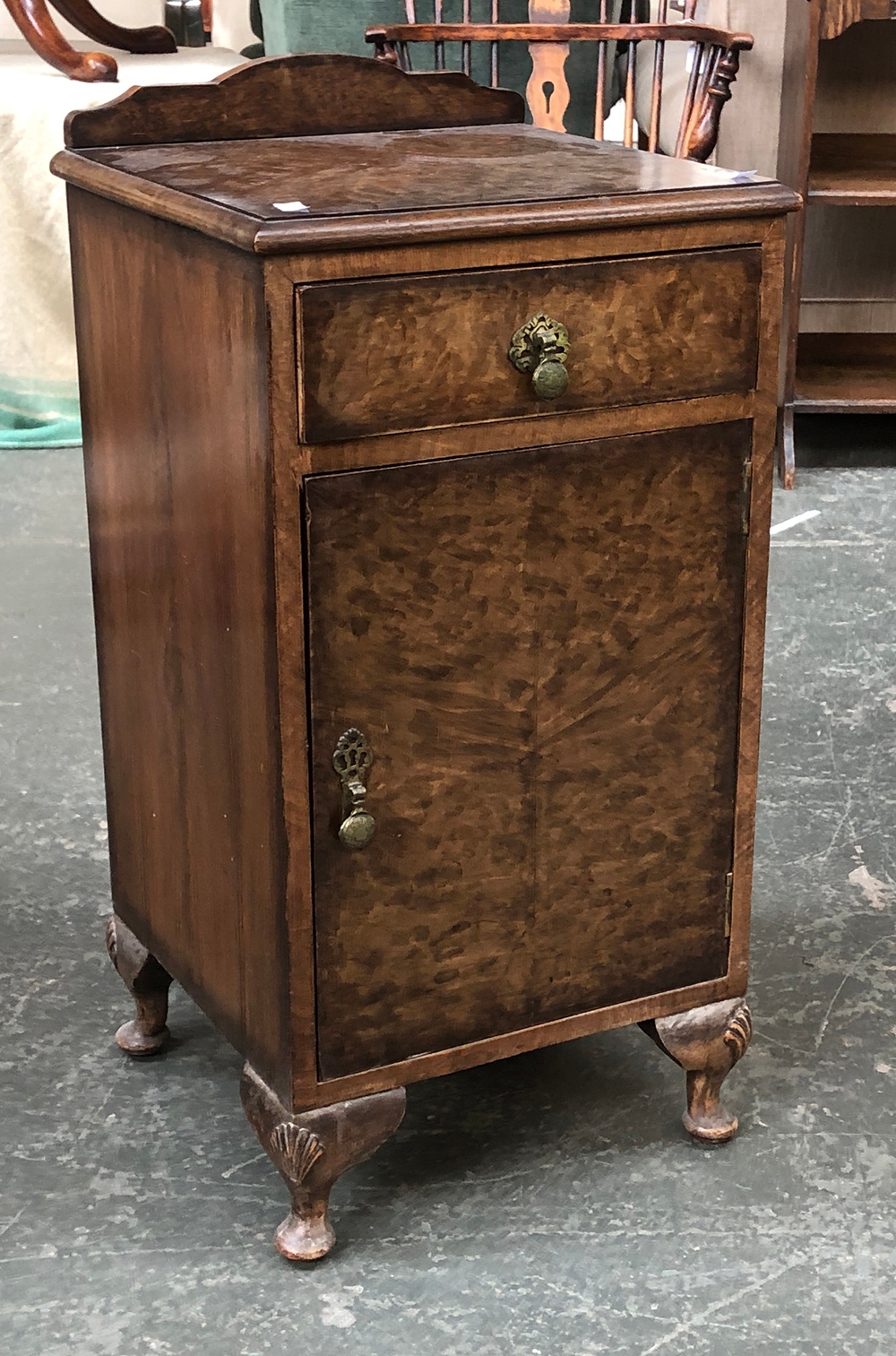 A burr walnut bedside cabinet; together with a white painted Thonet style side chair