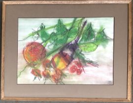 Still life of fruit, pencil and pastel, signed PB, 26x36.5cm