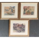 Three Vietnamese watercolours, one depicting fruit and flowers, another with a village scene, etc,