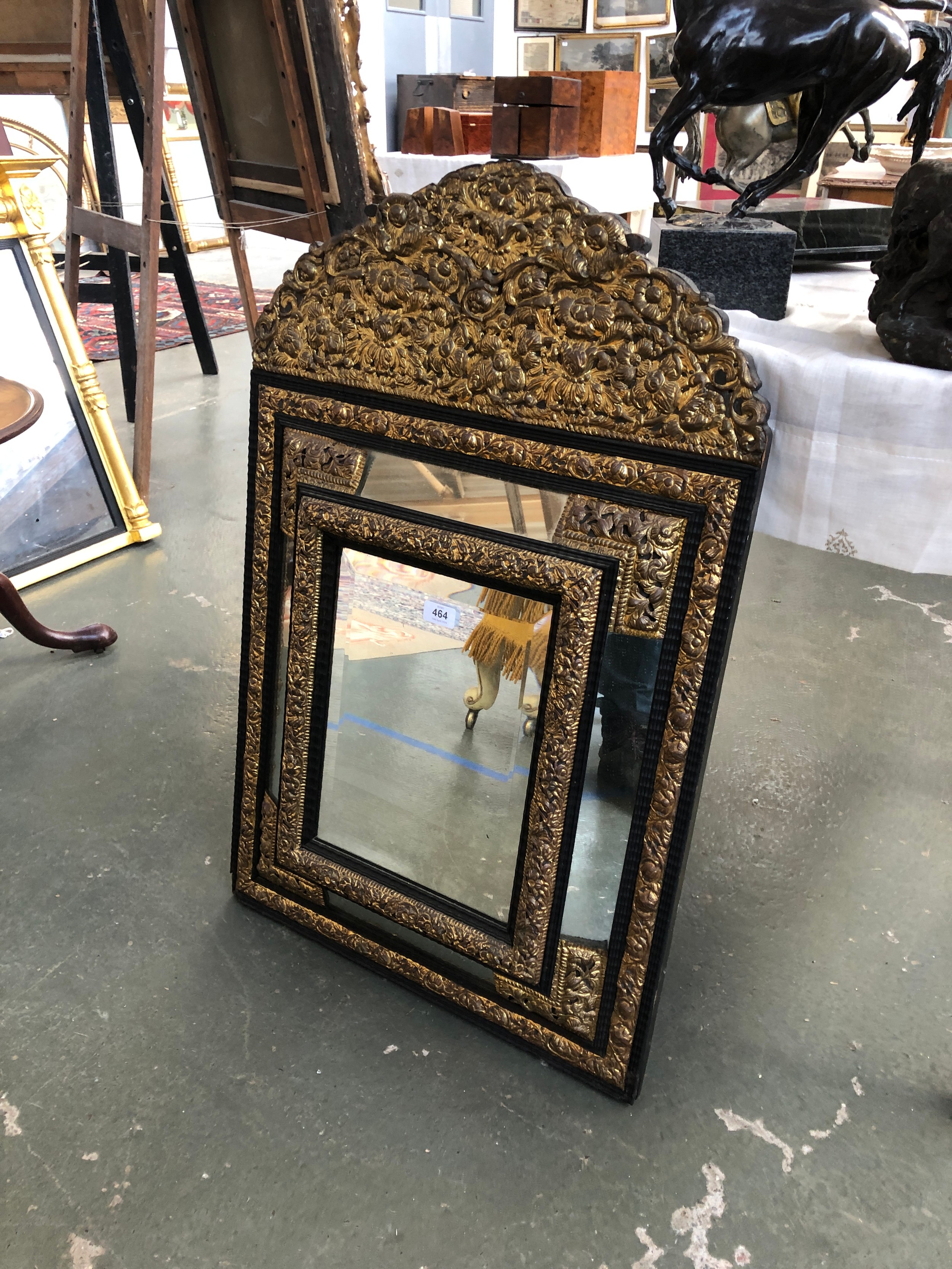 A 19th century French worked metal and ebonised wall mirror, c.1900, in baroque style, the central - Image 6 of 6