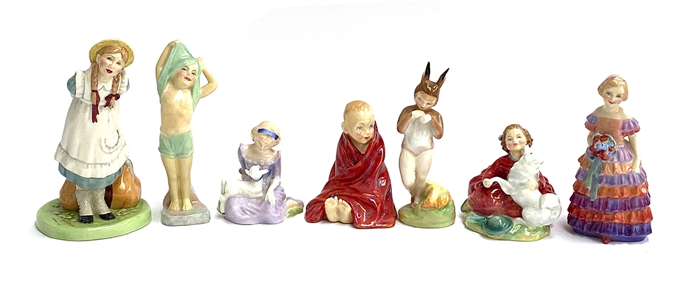 A group of Royal Doulton figurines: 'Polyanna', 'To Bed', 'Mary Had a Little Lamb', 'Little Pig', '