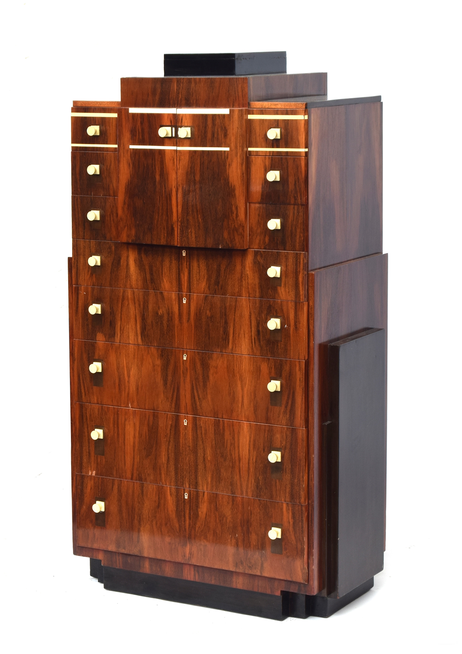 A French Art Deco maccasar ebony pedestal chest, stepped top, over a pair of cupboard doors and an - Image 2 of 11