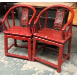 Interior design interest: A matched pair of red lacquered Chinese horseshoe armchairs, 50cmW