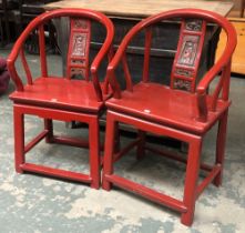 Interior design interest: A matched pair of red lacquered Chinese horseshoe armchairs, 50cmW