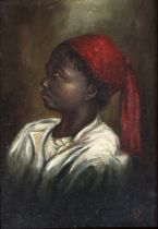 Oil on board, portrait of a child in a red fez, 21x14cm