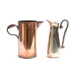 A copper Horlicks factory style jug, 26cmH; together with a Culinary Concepts water jug with leather