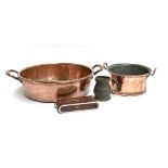 Two Scottish twin handled copper vessels, 36cmD and 22cmD; a pewter tankard; and a Foth camera