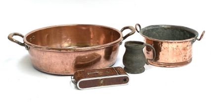 Two Scottish twin handled copper vessels, 36cmD and 22cmD; a pewter tankard; and a Foth camera
