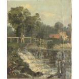 Late 19th century oil on canvas, bridge over waterfall with country cottage in background, 30x25cm