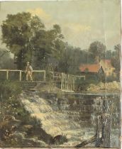 Late 19th century oil on canvas, bridge over waterfall with country cottage in background, 30x25cm