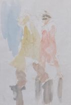 Roland Batchelor RWS (1889-1990), two figures on a rainy street, watercolour on paper,
