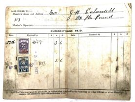 A British Legion membership and subscription card, Chard Branch, issued 1926, containing a British